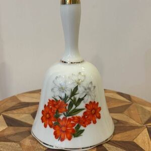 1970's Vintage Porcelain Floral Decorative Hand Bell White Red Gold Green